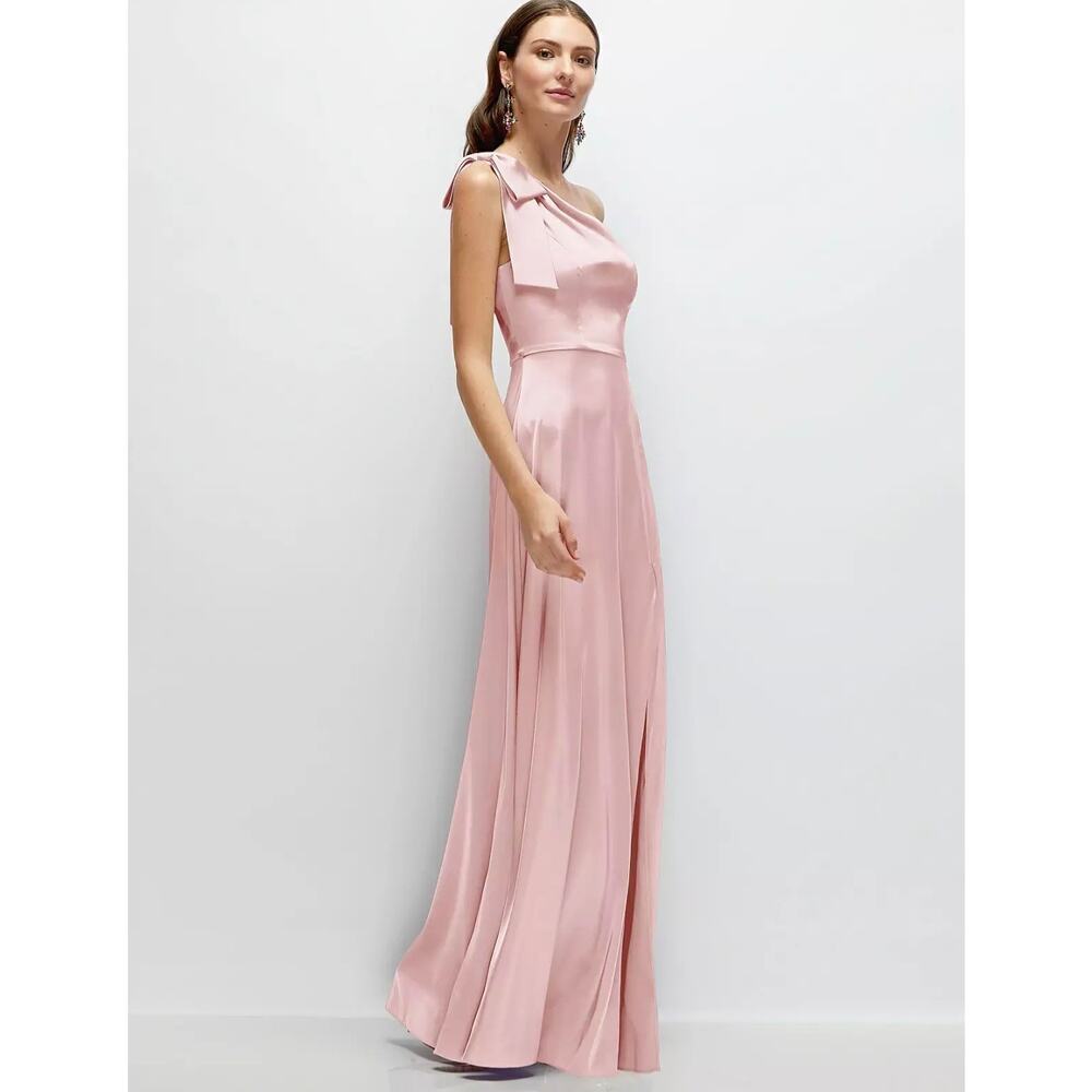 NWT After Six Bow One Shoulder Fluid Satin Maxi Dress Full Skirt Ballet Pink XS - Picture 3 of 14